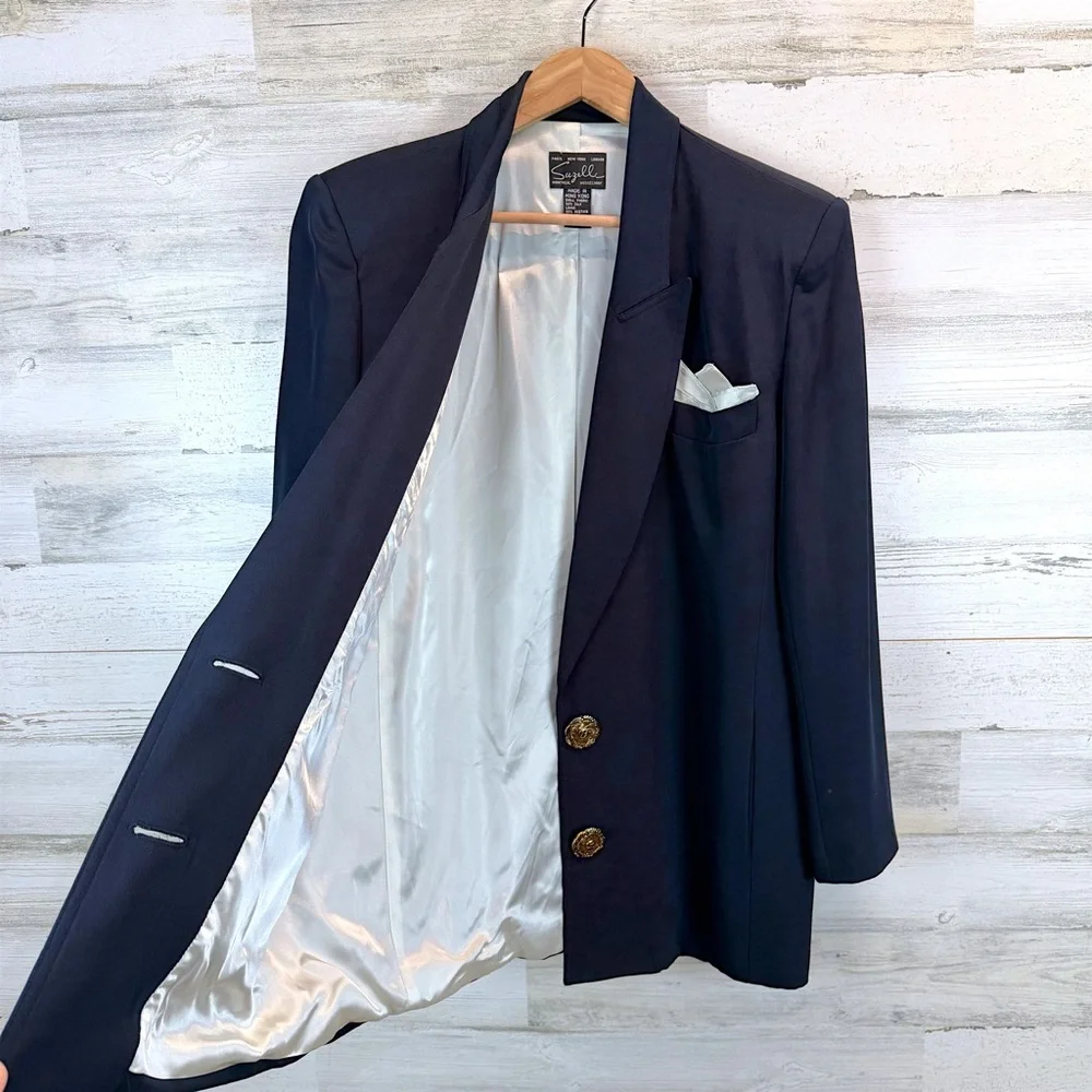 Vintage 90s Suzelle Silk Blazer Navy Gold Buttons Old Money Power Blazer 10 - Picture 6 of 11